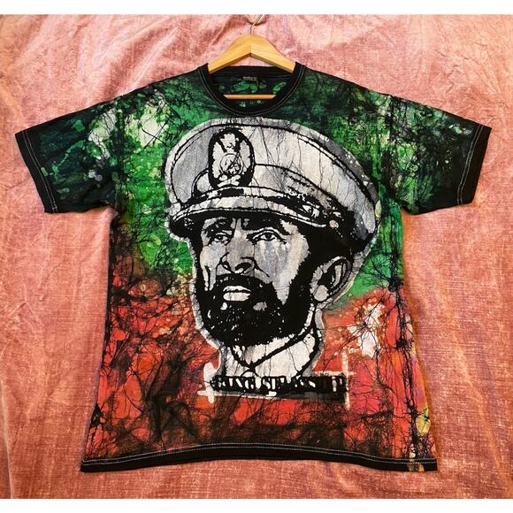 Vintage AOP Batik Haile Selassie Emperor Grail T Shirt Rasta Rap Tee Sz XL 90’s - Picture 2 of 8